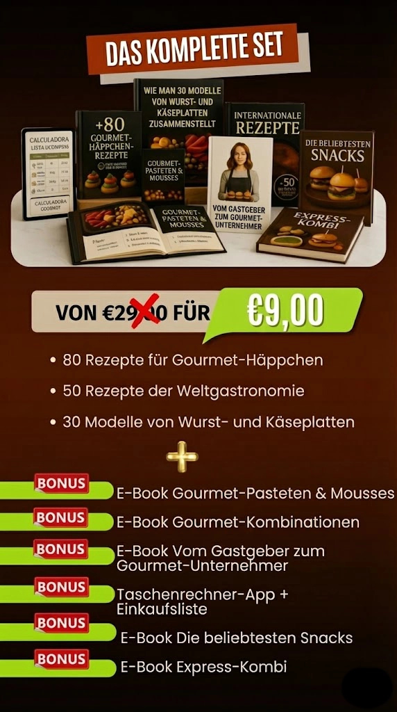 Komplettes Angebot der Karte der Häppchen mit über 160 Rezepten, exklusiven Boni und 7 Tage Garantie